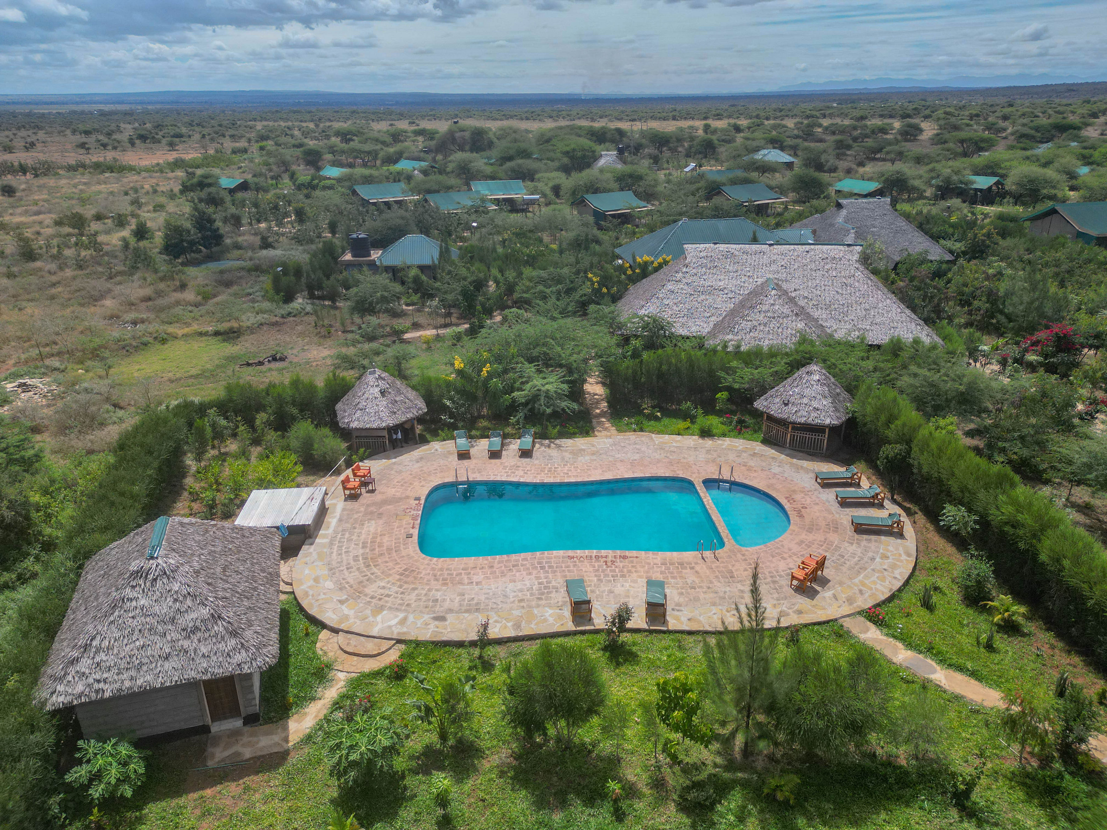 Sungura Safari Camp aerial view with swimming pool